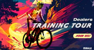 A poster with a rider to showcase the Mahle smart training available for bike dealers