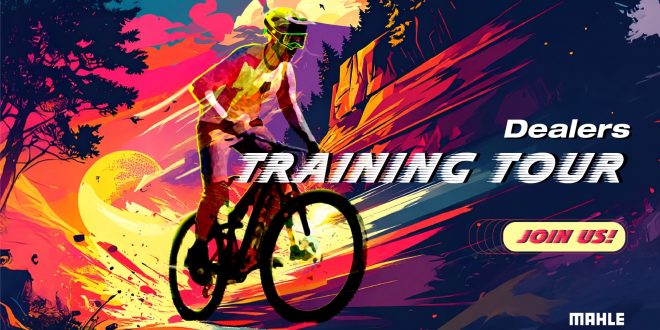A poster with a rider to showcase the Mahle smart training available for bike dealers