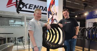 Pim from Kenda and Hamish from Brandon Cyclesports pose for a photo at Eurobike to announce their new partnership