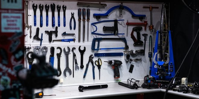 Bike Workshop filled with bike tools on a backboard