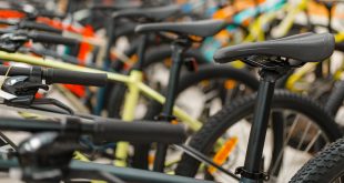 Bikes in a shop lined with a close up of top tubes and saddles