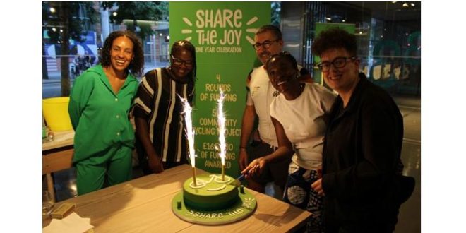 SOJ CROP cake cutting London Cycling Campaign, Lime and Loud Mobility's 'Share The Joy' community grants programme marks first anniversary